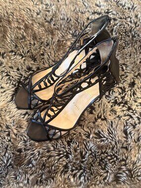 Christian Louboutin Black Leather Mesh Cage Heels Red Sole Size 38 / US 8